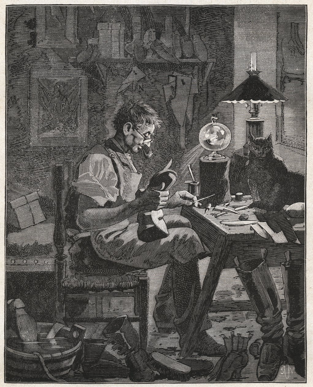 Modern Application by a Shoemaker of the Pila Vitrea. Glass Globe Filled with Water to be Placed Between a Person and the Object They Contemplate to Enlarge it and Make it More Visible. Engraving from 1885 in 