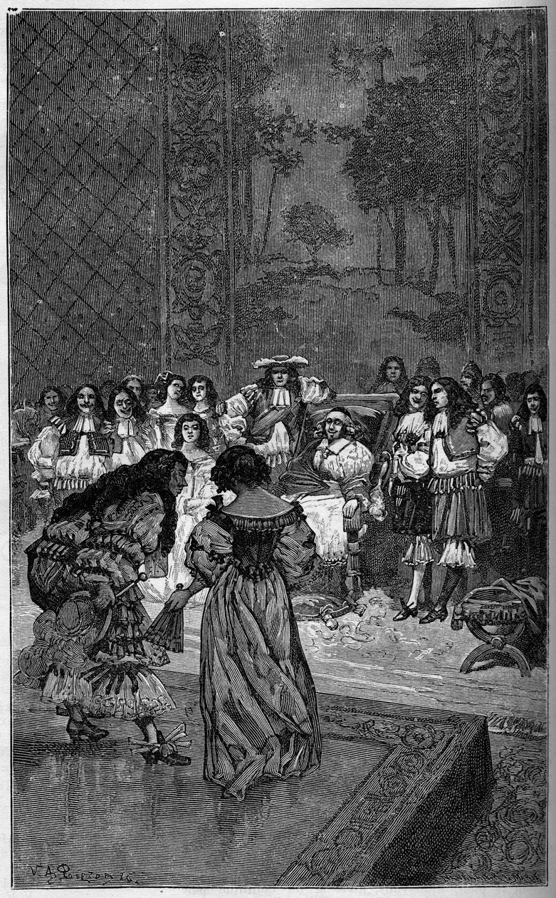Moliere and his troupe playing before King Louis XIV and Cardinal Jules Mazarin (1602-1661). Engraving in 