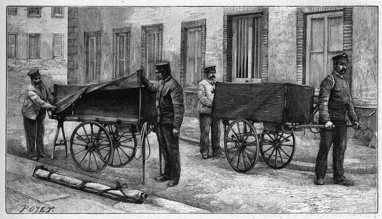 Mortuary depots in Paris: arm cars used to transport bodies to the depot. Engraving in 
