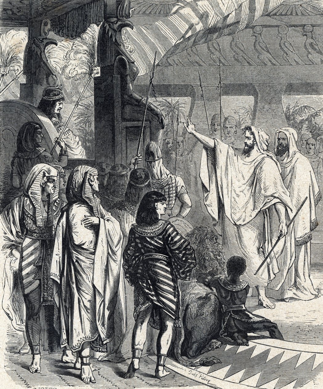 Moses and Aaron visiting the pharaoh Engraving from 