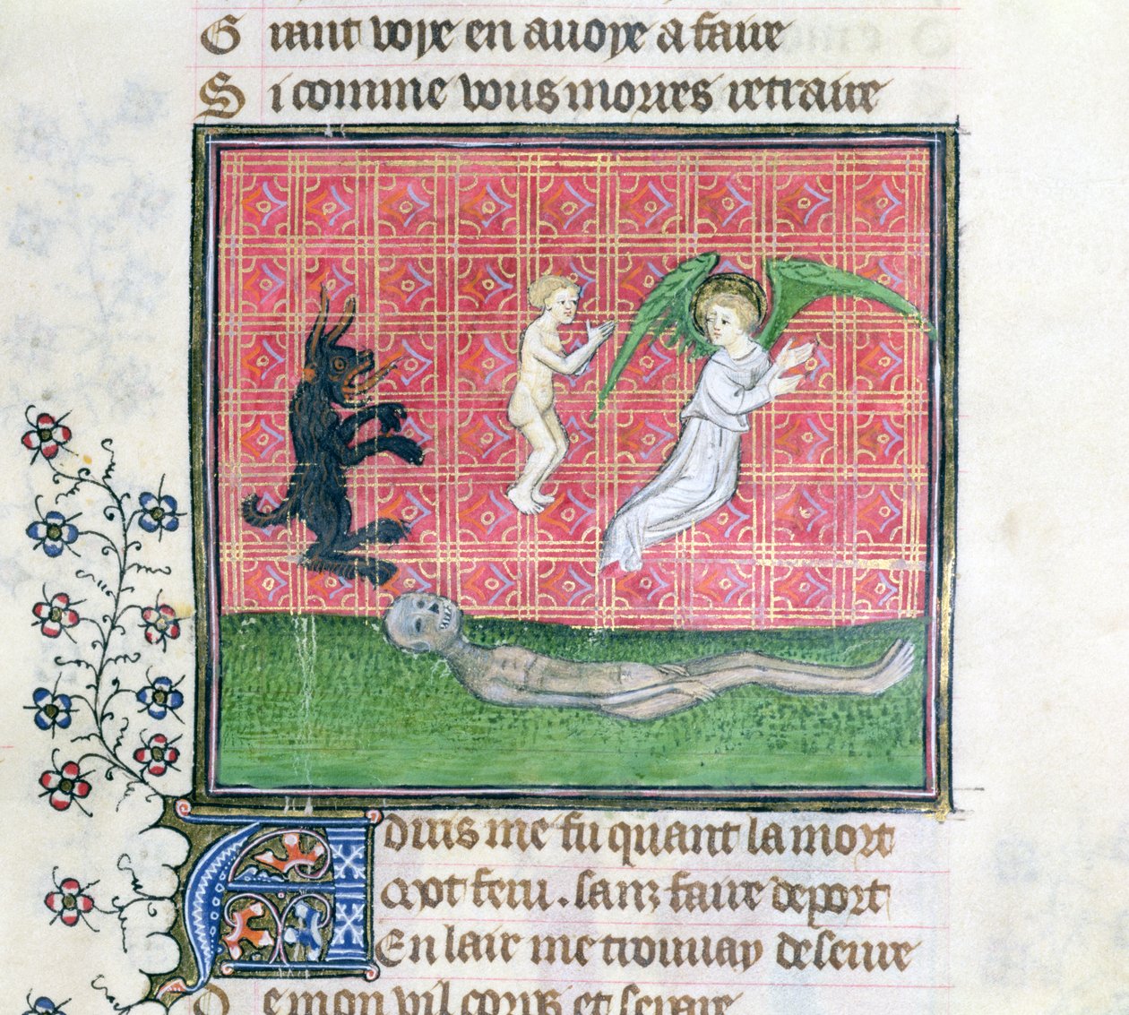 Soul leaving the body accompanied by an angel, miniature from Le Livre des Proprietes des Choses by Barthelemy l