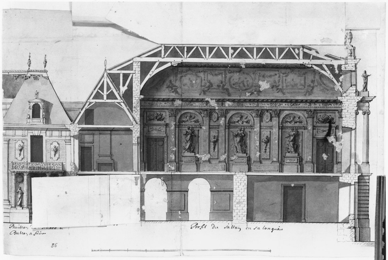 South-north cross-section of the Grand Salon and the Salle de Diane of the Chateau de Versailles constructed by Louis Le Vau by French School