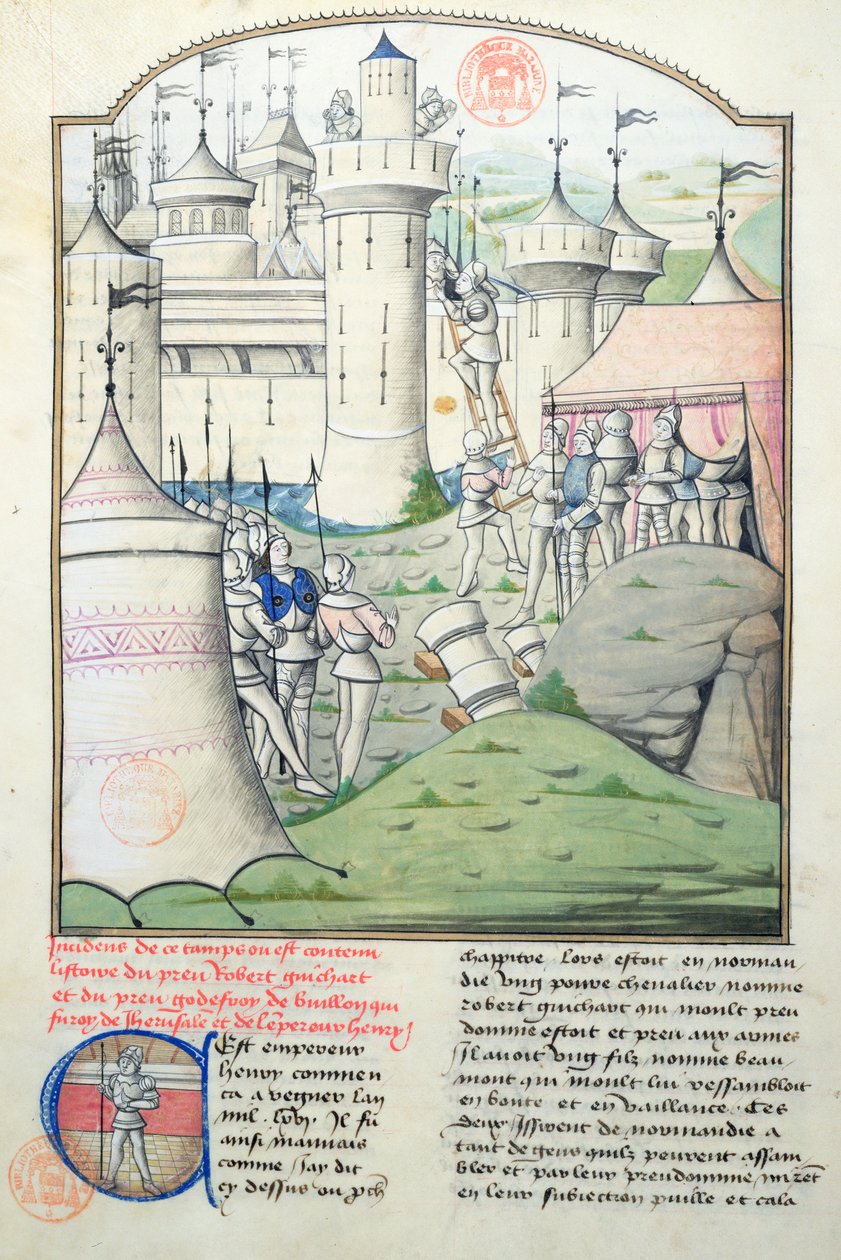 Capture of Jerusalem in 1099 by Godfrey de Bouillon and the Crusaders during the First Crusade, miniature from Fleur des Histoires by French School