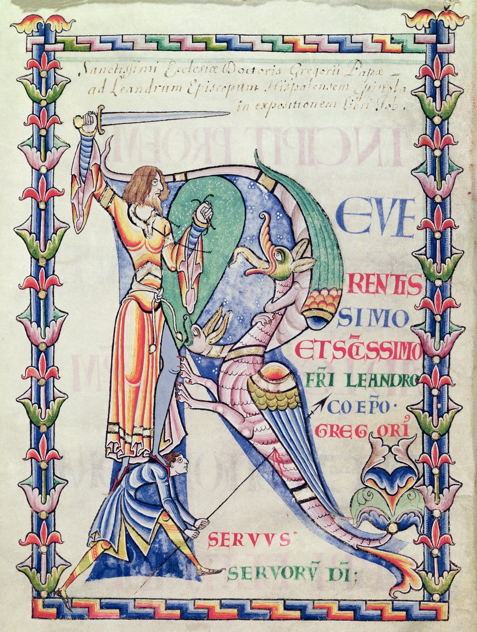 Historiated Initial R Depicting a Knight Fighting a Dragon, from Moralia in Job by Pope Gregory the Great by French School