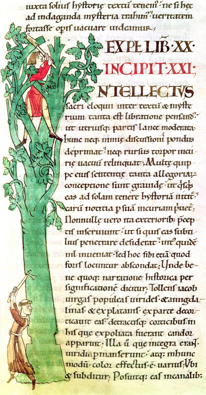 Historiated initial I depicting a monk and a lay chopping and pruning a tree, from Moralia in Job by Pope Gregory the Great by French School