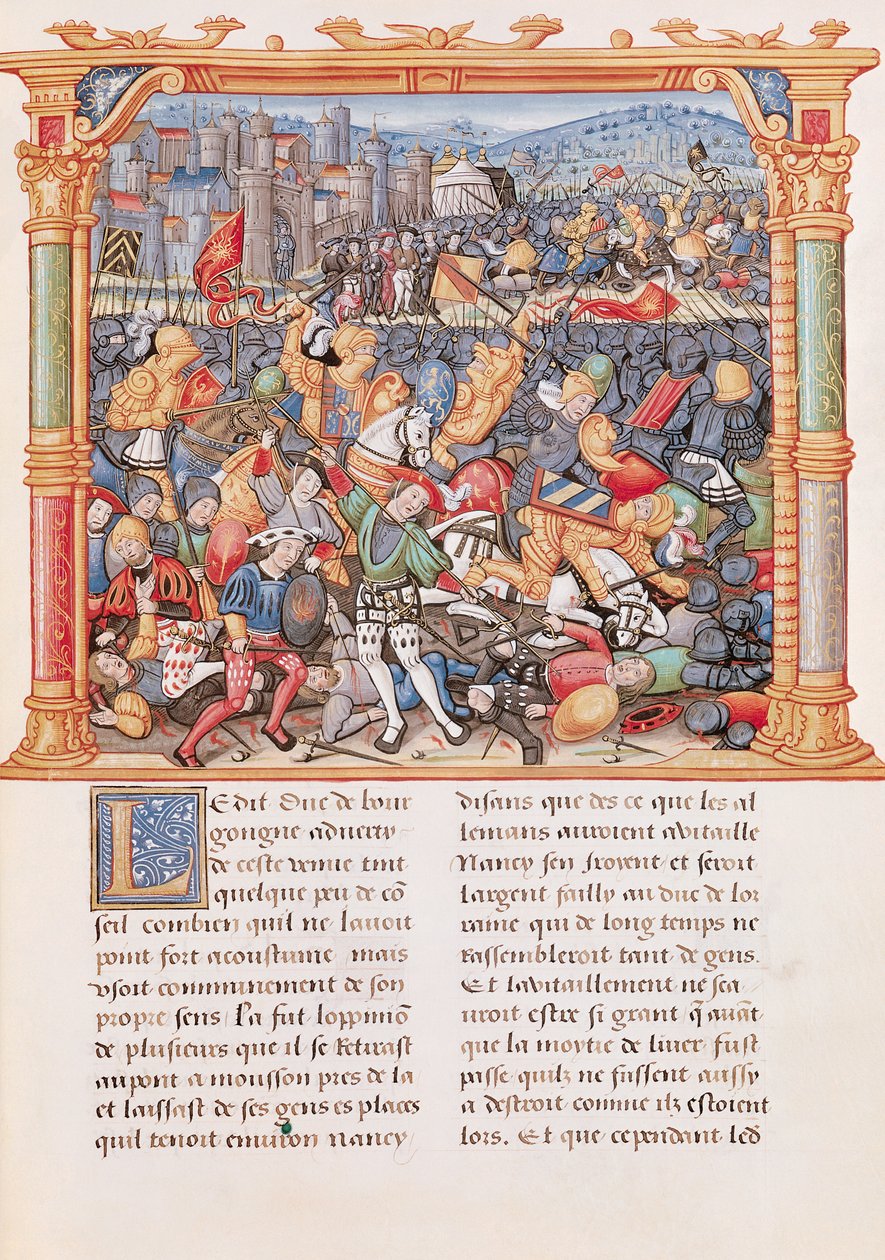 Battle of Nancy in 1477, from the Memoires de Philippe de Commines by French School