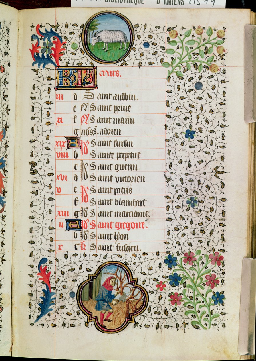 Aries and a Man Felling Trees, from a Book of Hours by French School