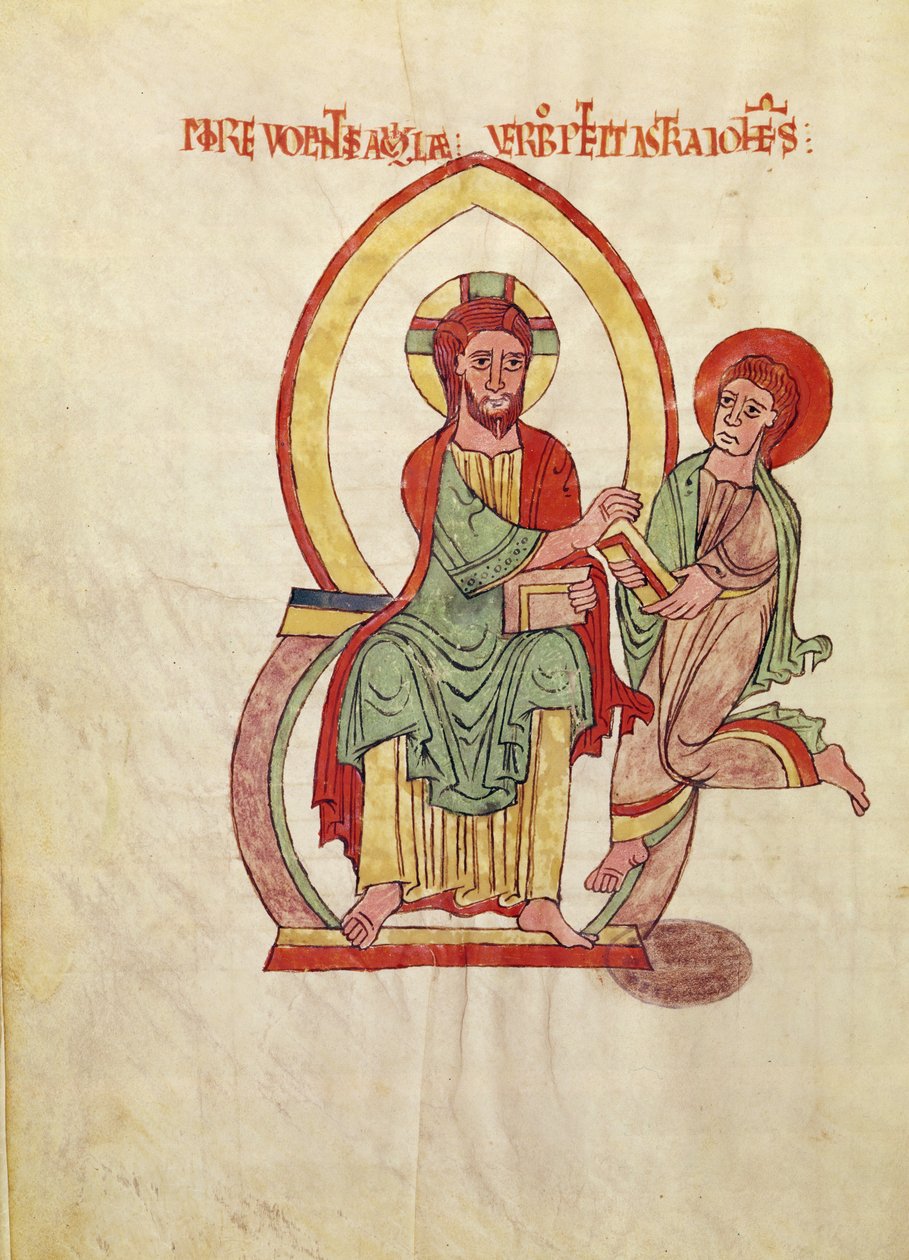 Saint John running to receive the Gospel from Christ, seated within a mandorla, miniature from the Gospel of Saint-Michel-de-Cuxa, c.1070-1130 by French School