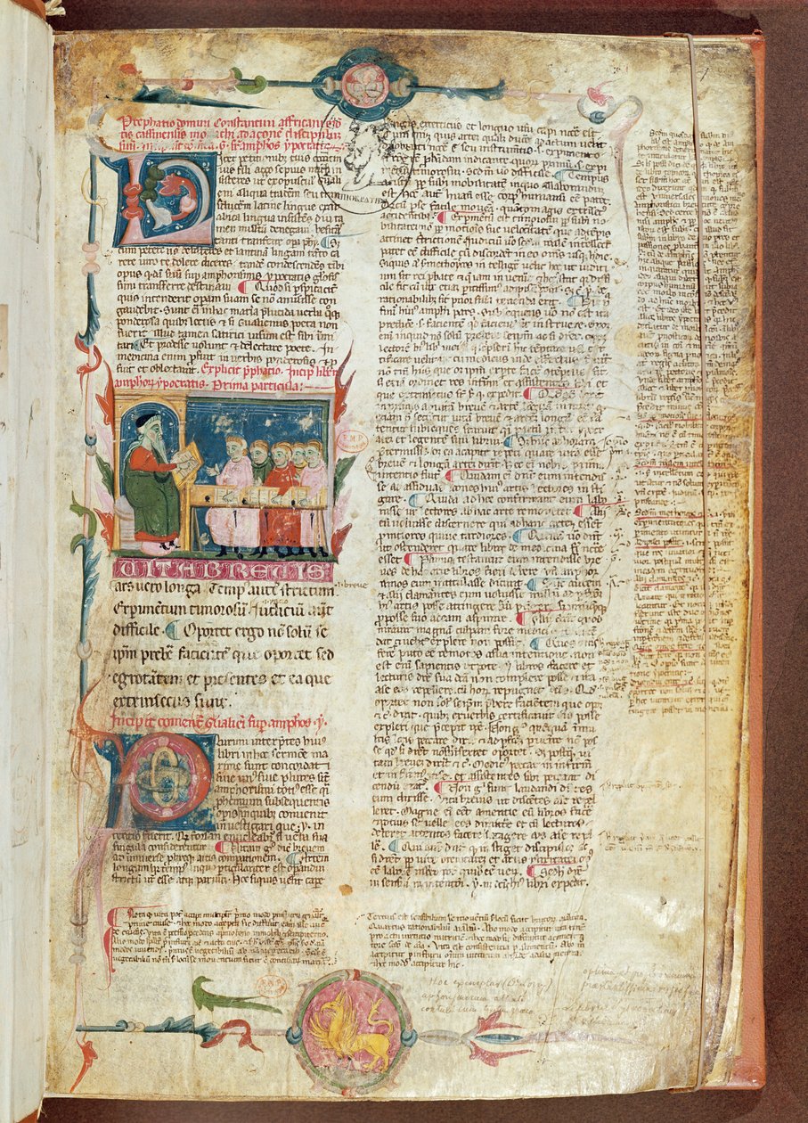 Instruction scene, first page of Aphorisms by Hippocrates with Comments by Galen by French School