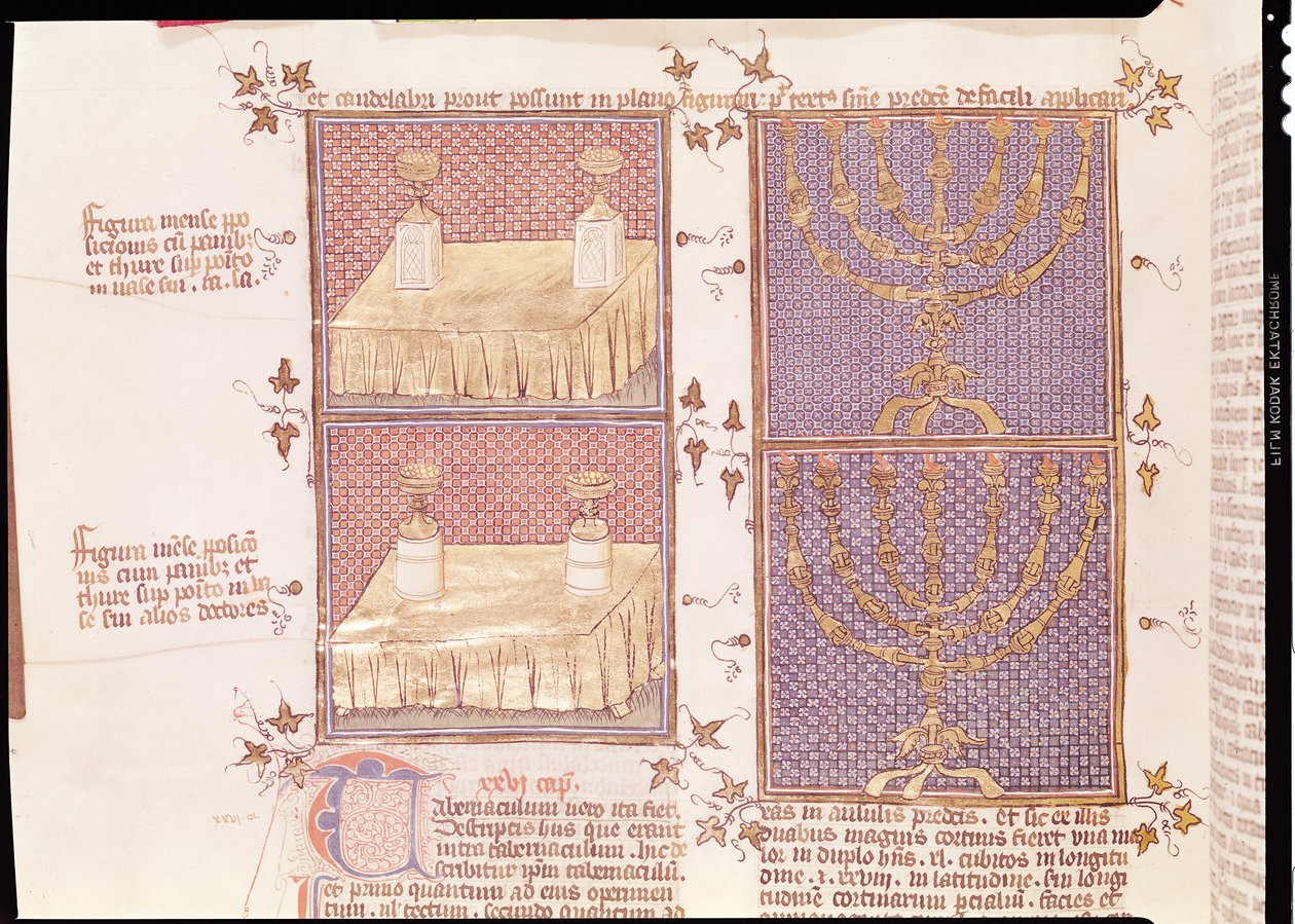 Table of offerings and the menorah, from Postilles sur la Bible by Nicolas de Lyre by French School