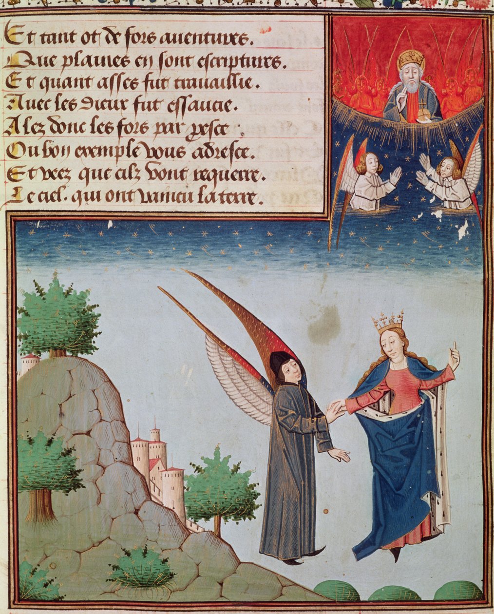 Lady Philosophy leads Boethius in flight into the sky on the wings that she has given him; God the Father looks on in blessing by French School