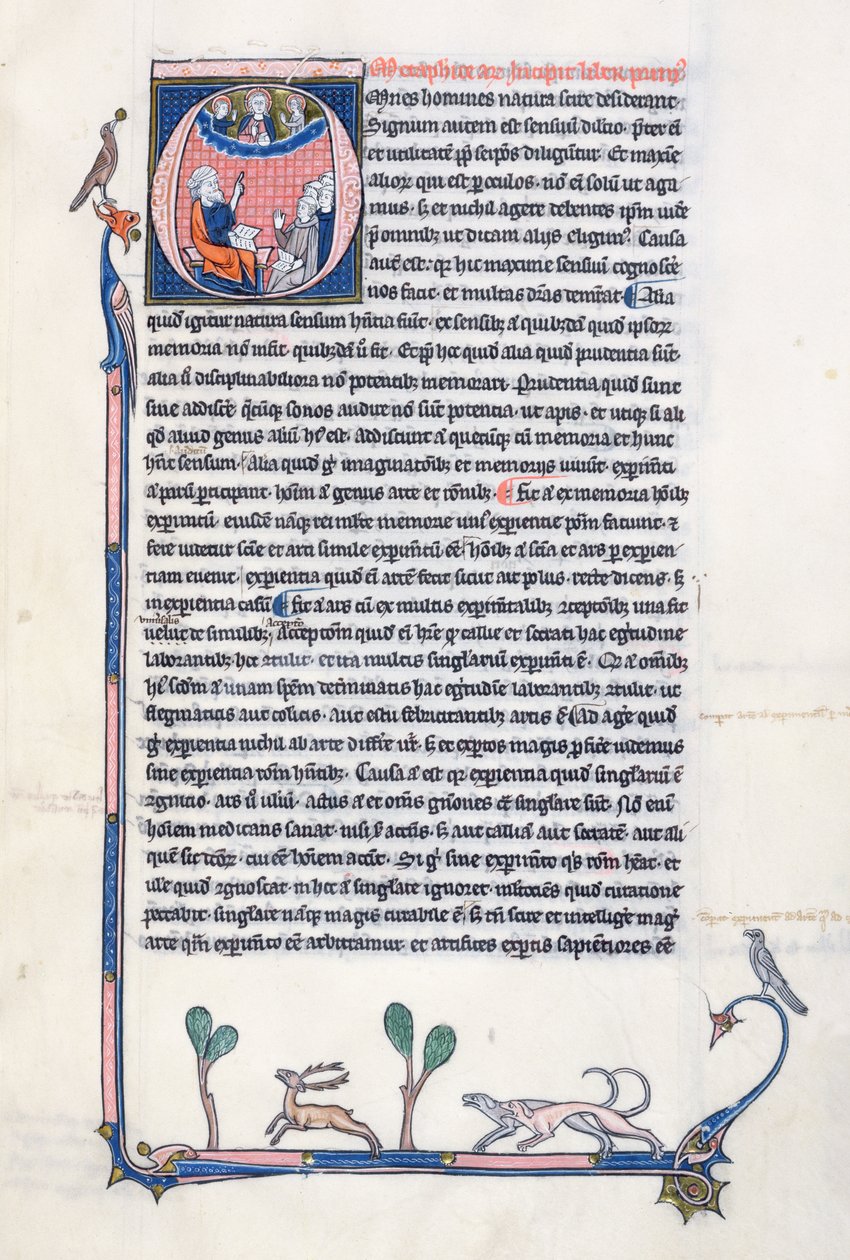 Historiated initial O depicting the ancient Greek philosopher Aristotle, teaching a group of clerics from Western Europe and pointing upwards towards God in the heavens by French School