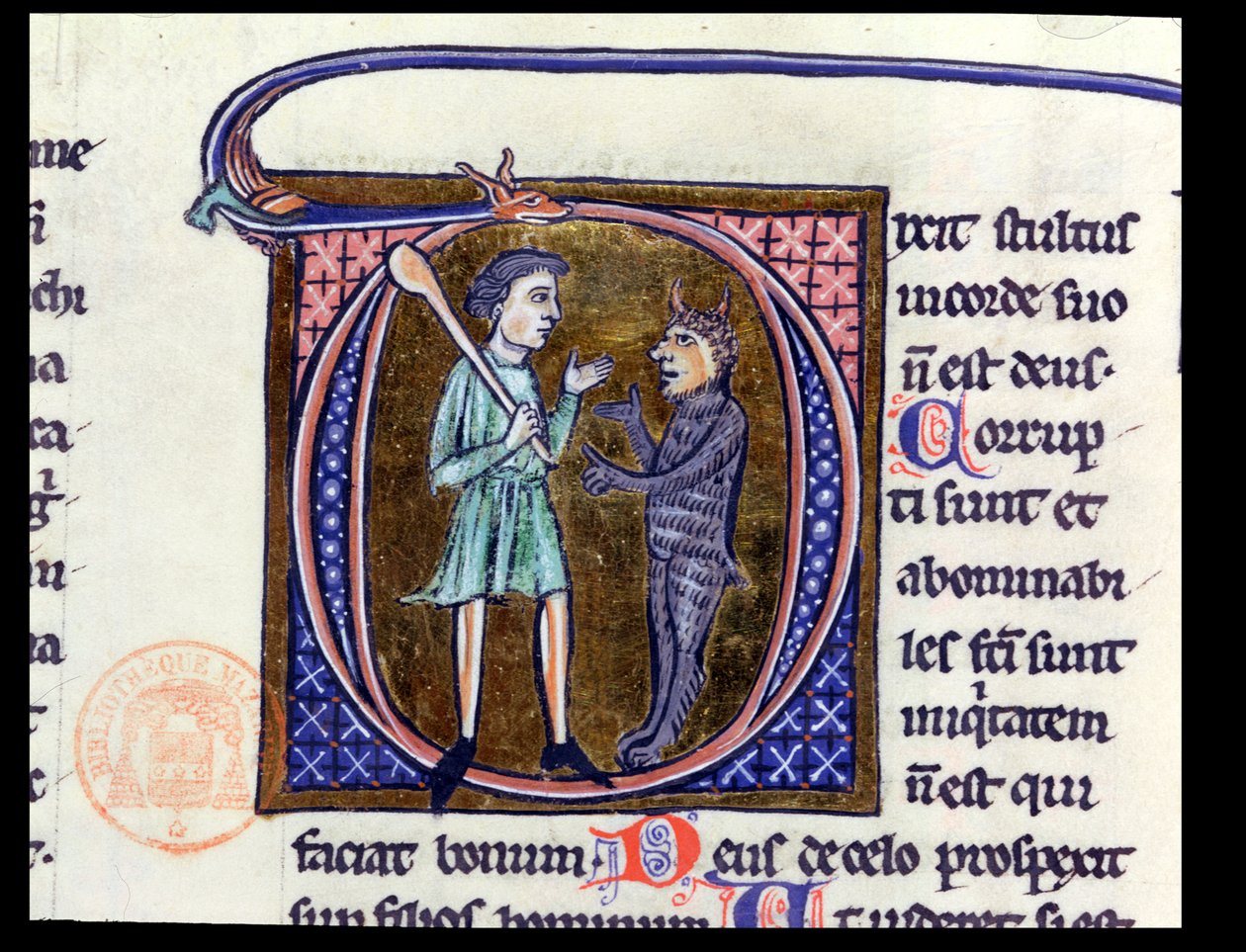 Historiated initial D depicting a man with the devil, from a Latin bible by French School