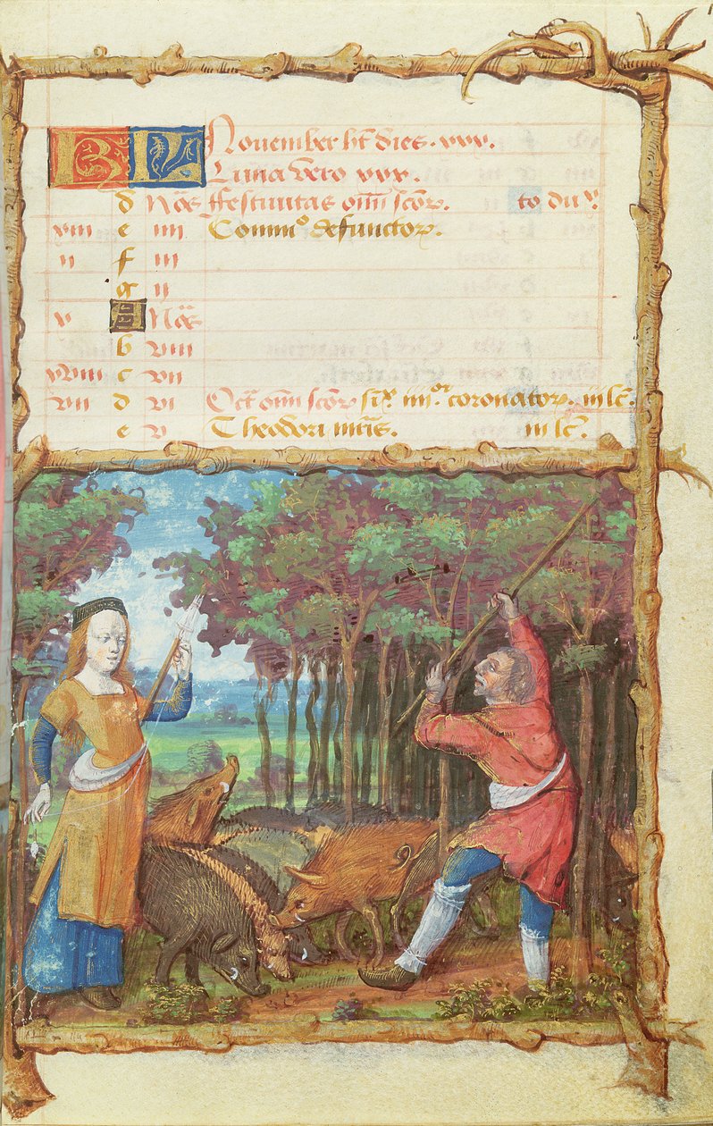 The Month of November: Gathering Acorns, from a Book of Hours by French School