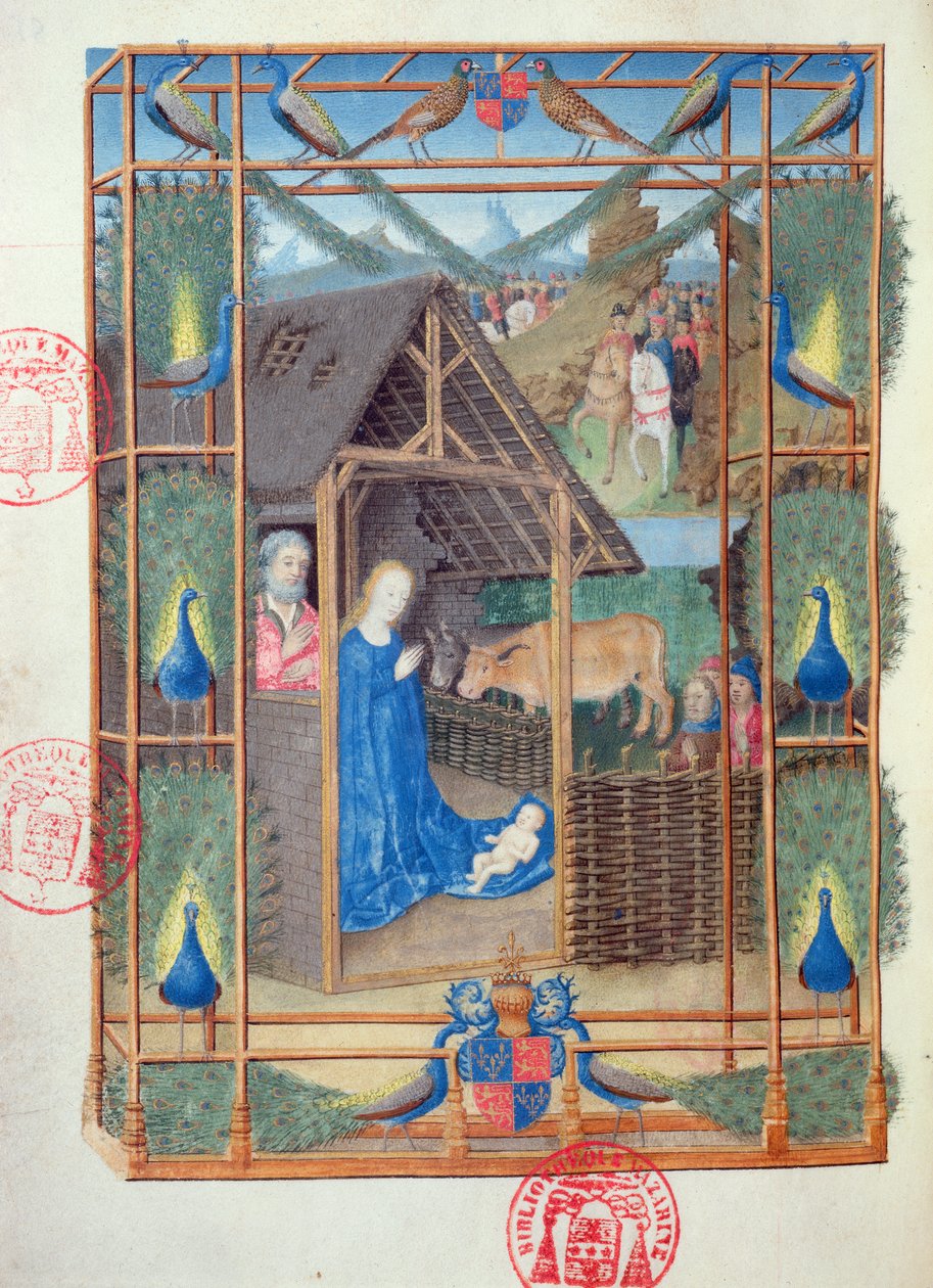 Ms 473 The Nativity with peacocks, miniature from the Heures de Charles de France, c.1466-69 by French School