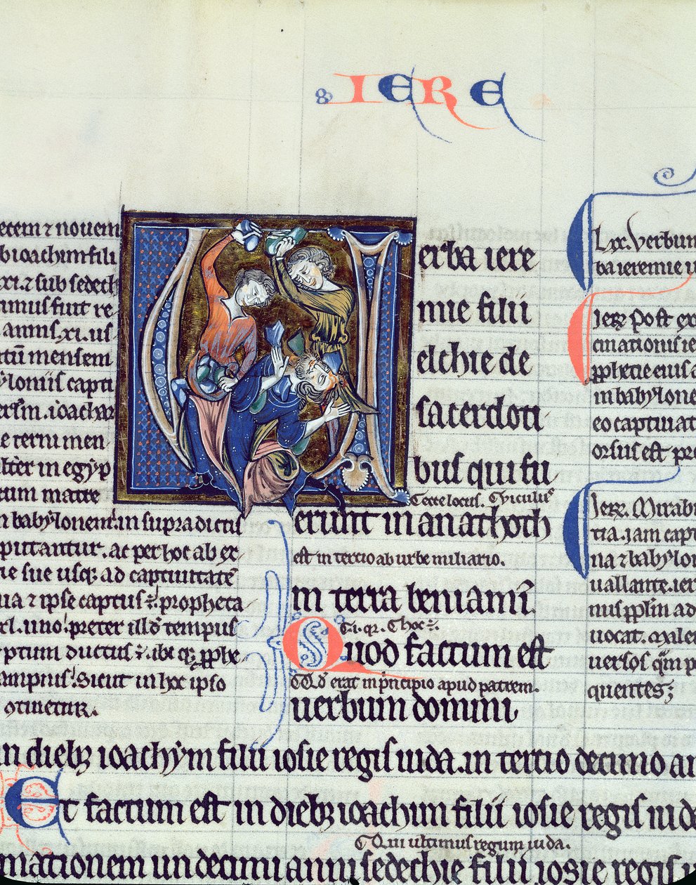 Historiated initial V depicting the stoning of the prophet Jeremiah by French School