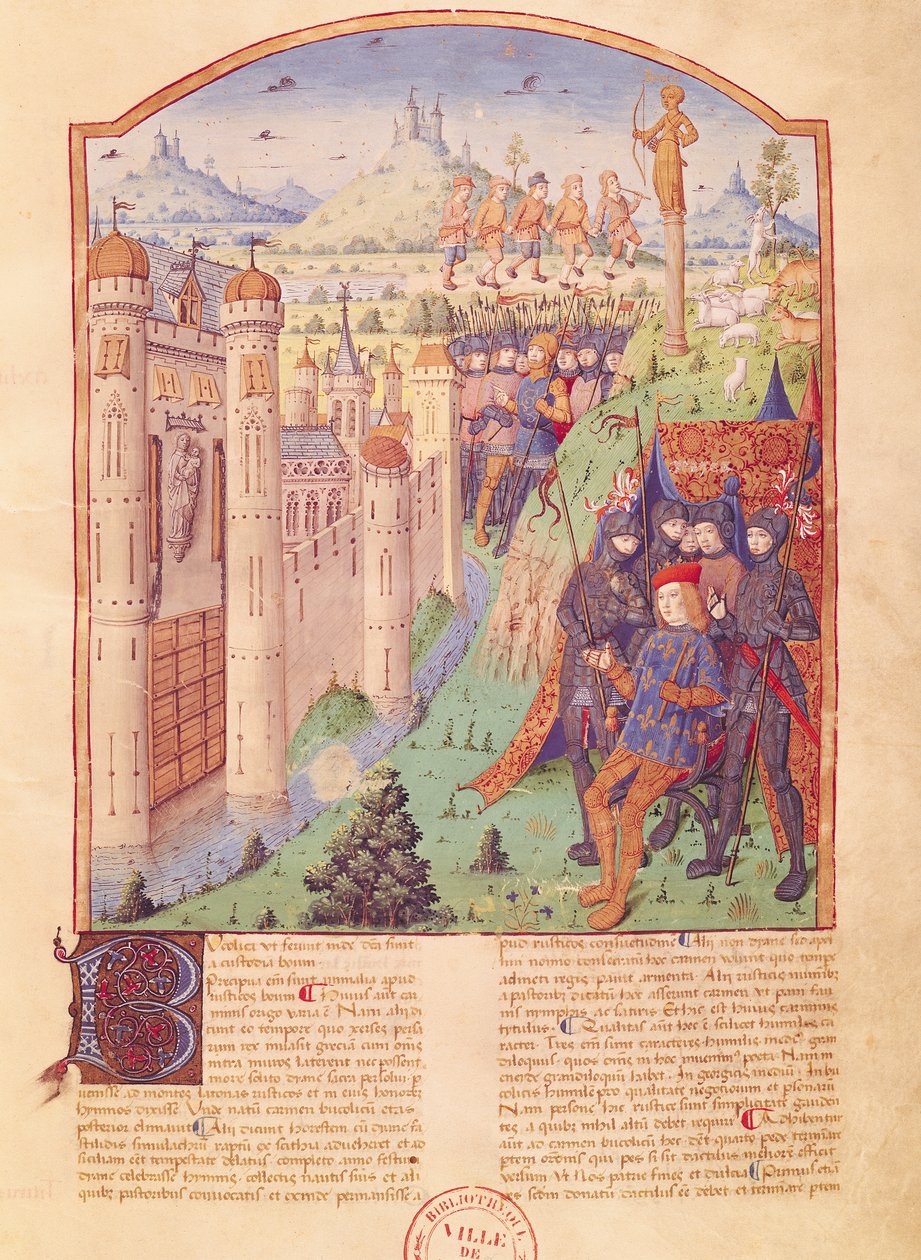 Ms 493 fol.1r The Works of Virgil with Commentary by Servius, The Bucolics, King sitting on his throne surrounded by his guards in front of a fortified town, France, 1469 by French School