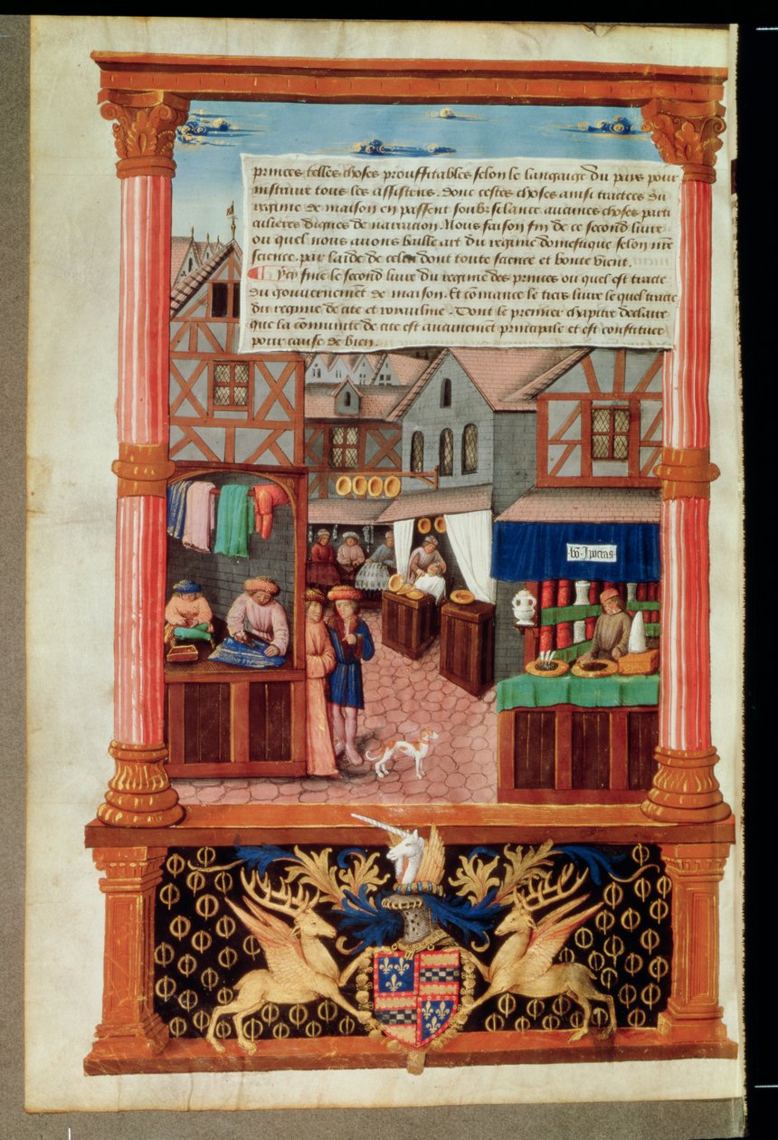 A street with shops and the coat of arms of Robert Stuart, Marshall of dAubigny Lucrece, from Livre de Gouvernement des Princes by Gilles de Rome by French School