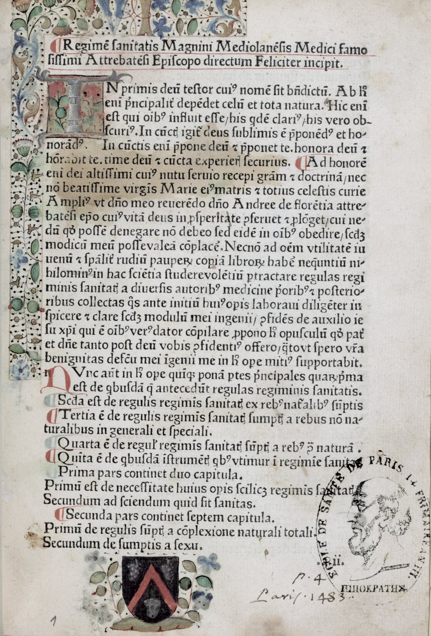 First page from Regimen Sanitatis, 1483 by French School