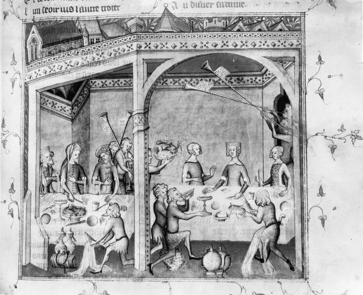 Musicians entertaining at a banquet, c.1370 by French School