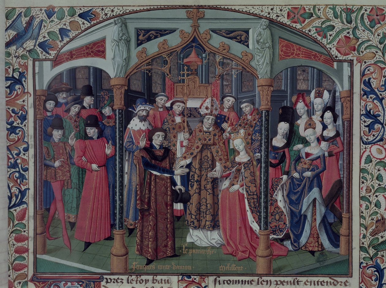 Queen Melisande of Jerusalem marrying Fulk V of Anjou, from the Histoire de la conquete of Jerusalem by William of Tyre, c.1470 by French School