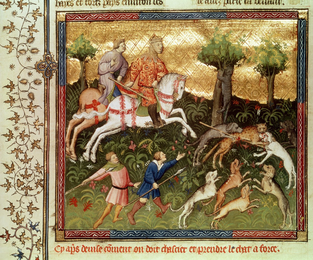 Dogs attacking a leopard, from a book by Gaston Phebus de Foix by French School