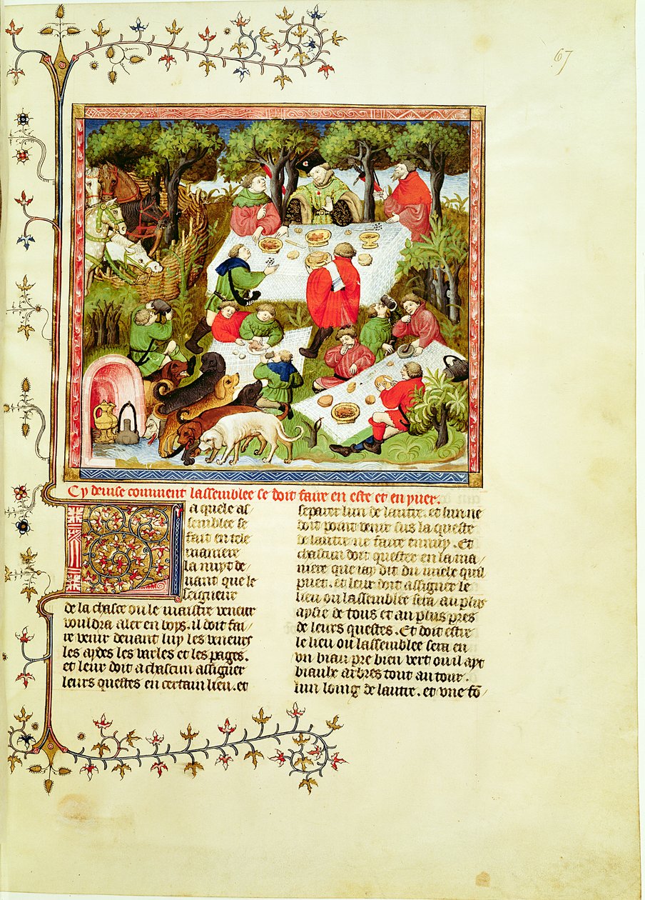 Hunters feasting before the stag hunt, from Livre de la Chasse by Gaston Phebus de Foix (1331-1391) by French School