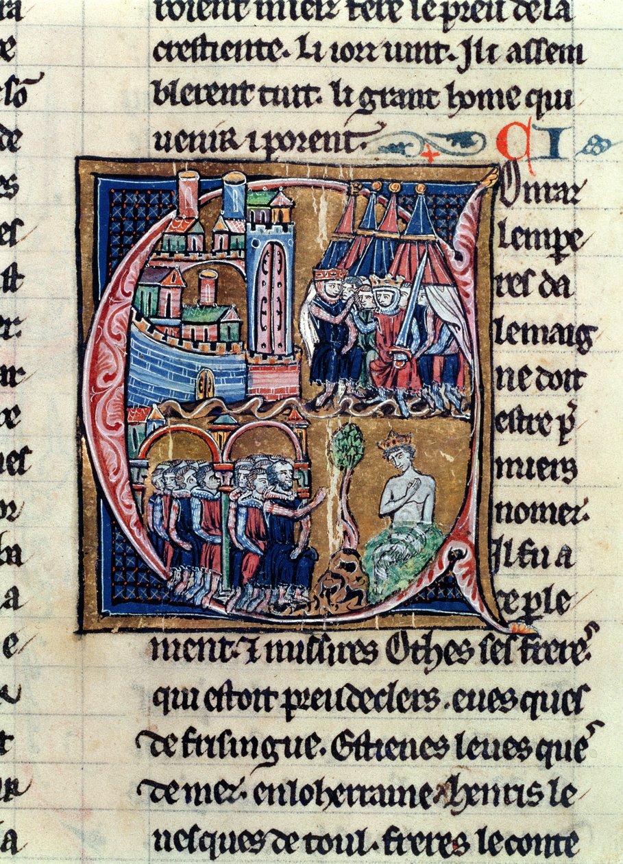 Historiated initial C depicting Conrad III Emperor of Germany and Louis VII King of France, besieging Damascus in 1148, from Histoire de Jerusalem by William of by French School