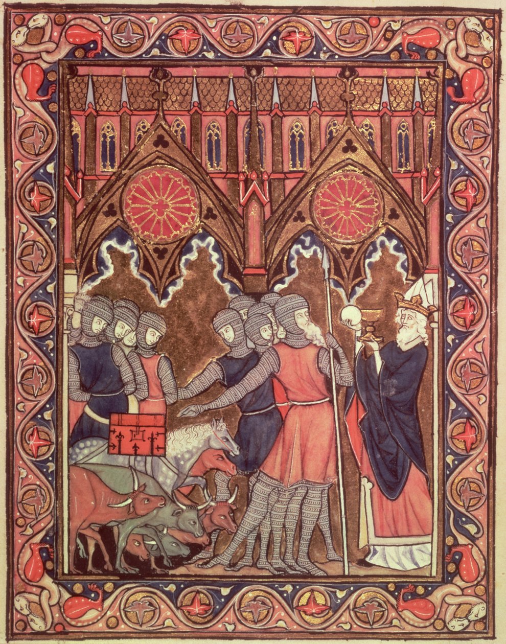Abraham presents his prisoners and his booty to Melchizedek, from the Psalter of St. Louis, c.1258-70 by French School