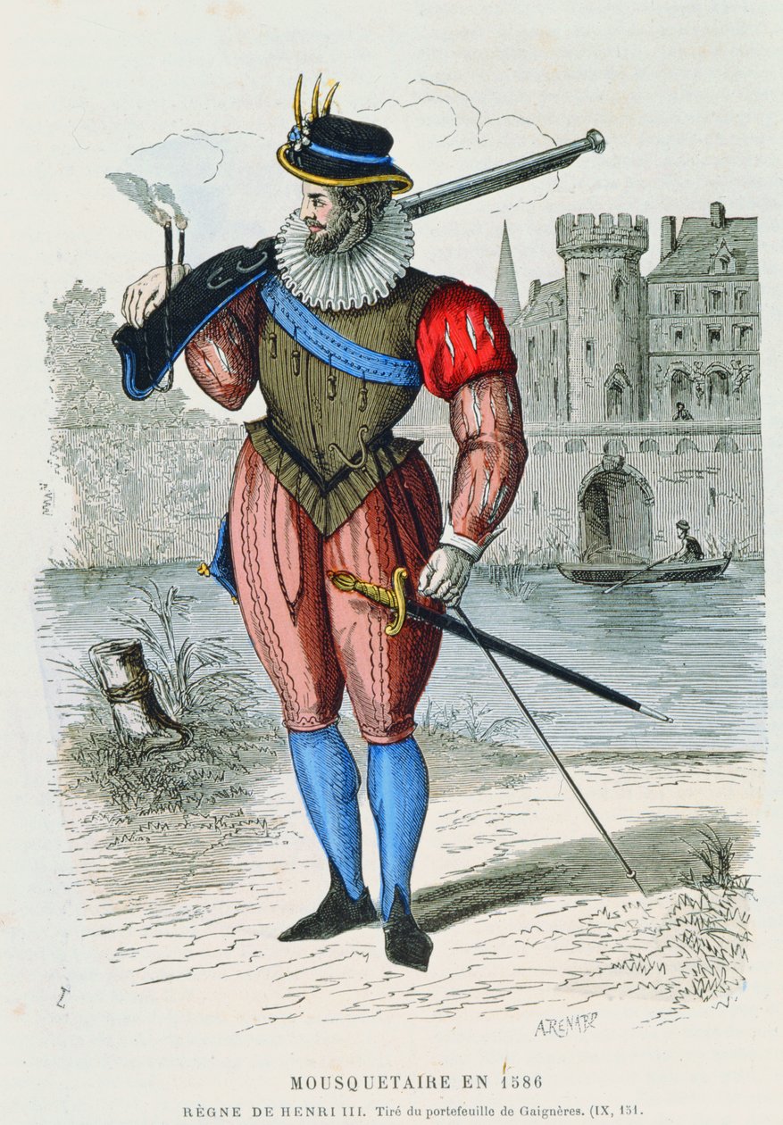 Musketeer in 1586, illustration from Costumes de Paris a travers les siecles by H. Gourdon de Genouillac, engraved by A. Renard by French School