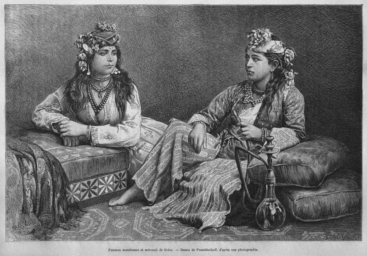 Muslim women of Sidon, from La Syrie daujourdhui. Voyages dans la Phenicie, le Liban et la Judee. 1875-1880 by Louis Charles Emile Lortet, 1884 by French School