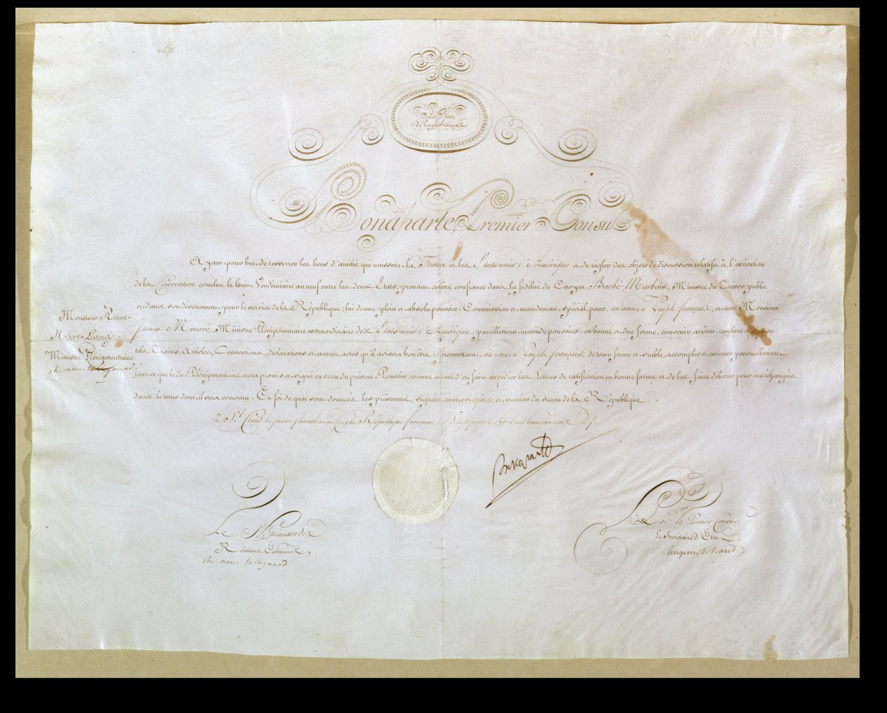 Napoleon Bonapartes authorization for the purchase of Louisiana by the United States, 30th April 1803 by French School