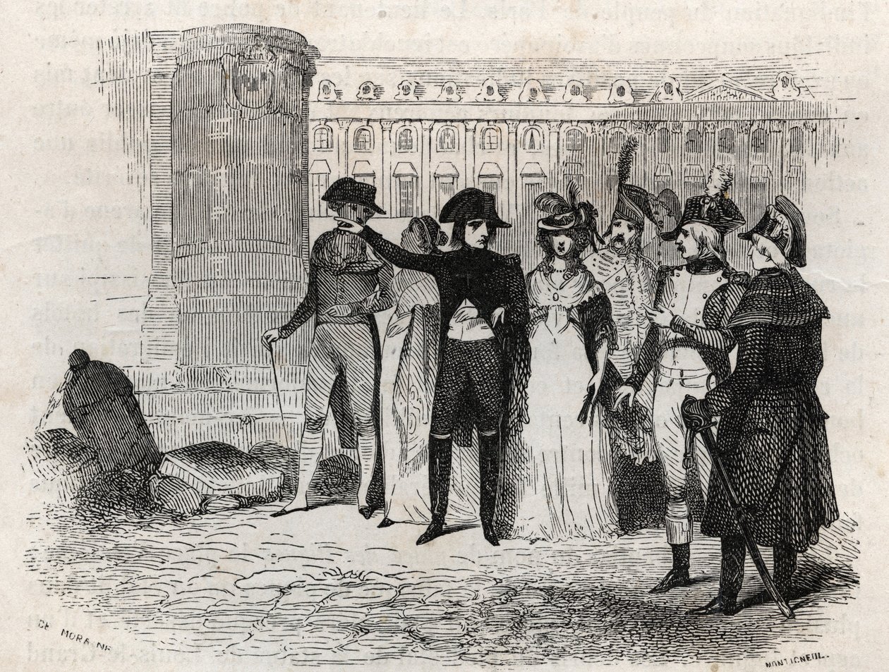 Napoleon walking with Madame Tallien, nee Theresa Cabarrus, Princess of Caraman, Princess of Caraman Chimay, place Vendome in Paris - engraving in Les rues de Paris by French School