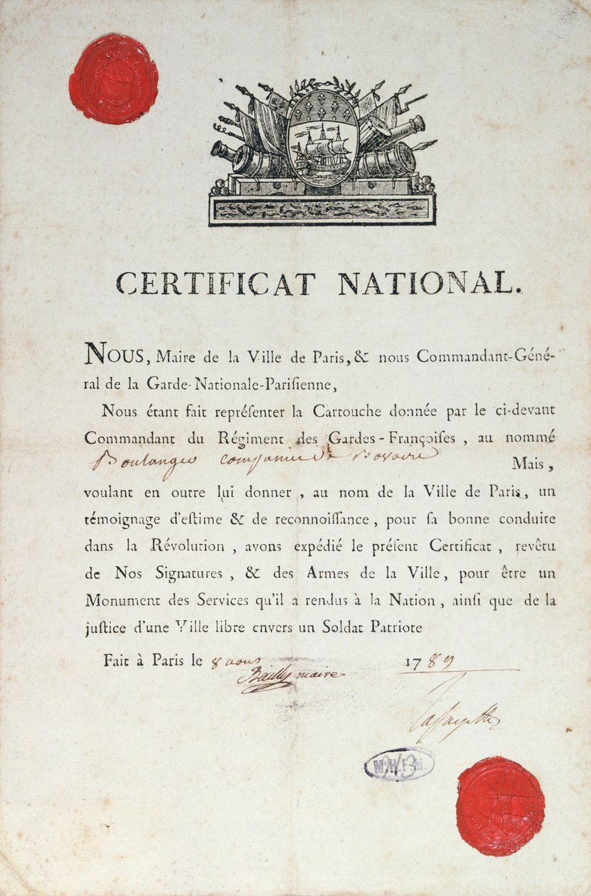 National Certificate of Good Behaviour during the French Revolution, 8th August 1789 in Paris by French School