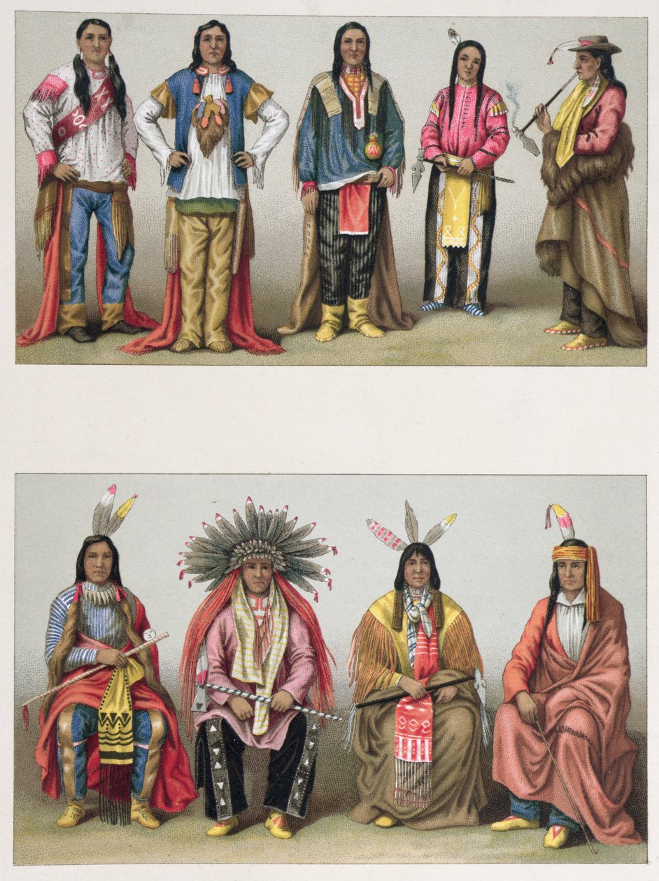 Native Americans from the Mississippi Basin and from Colorado, illustration from Le Costume Historique by A. Racinet by French School