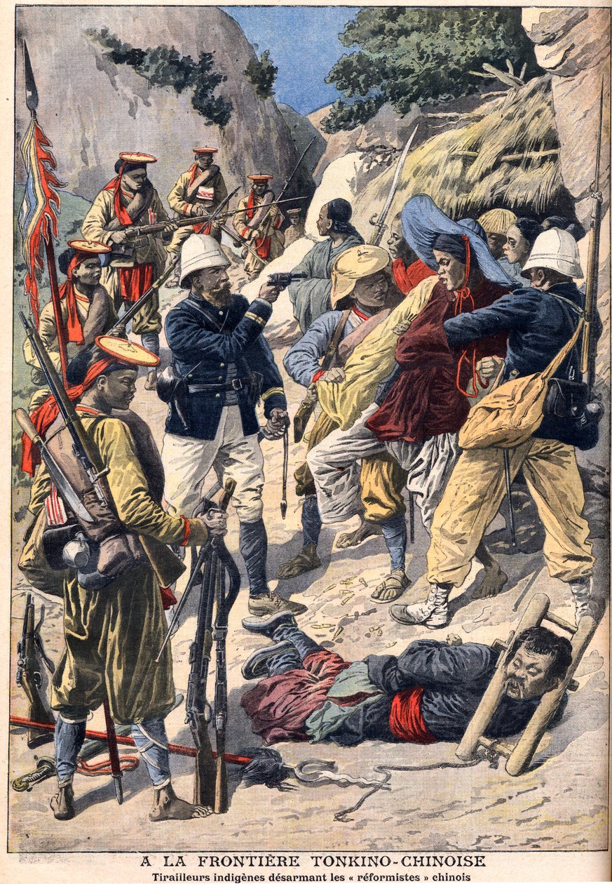 Native troops disarming Chinese reformists at the border with Tonkin, English Indochina. Tonkino-Chinese border. Indigenous riders disarming Chinese reformers. Illustration for Le Petit Journal by French School