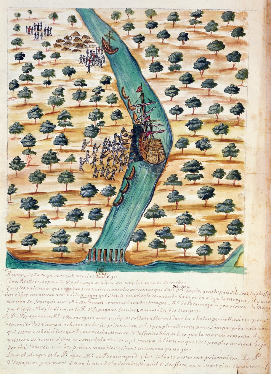 Natives attacking French ships on the River Tavoy, from an account of the Jesuits in Siam, 1688 by French School