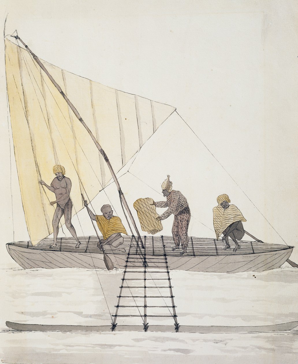 Natives from Iles Basses and balanced sail canoe, watercolor by Jules-Louis Lejeune, from Duperrey