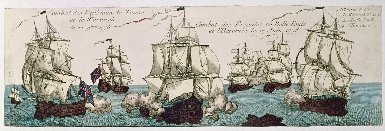 Naval engagements between the French and English fleets during the American Revolution in 1778 by French School