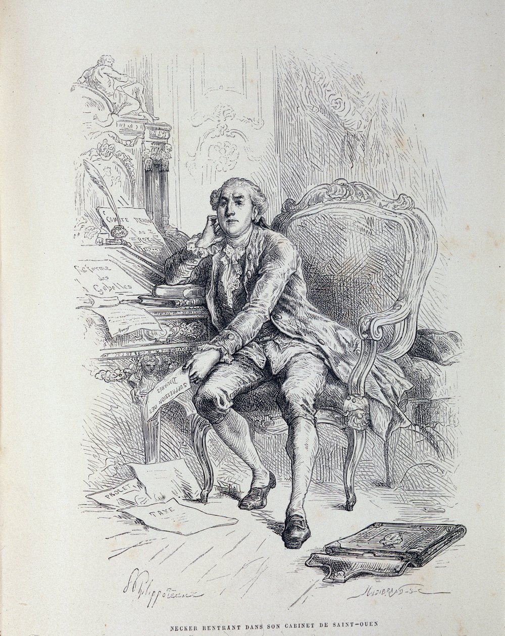 Necker in his office in Saint-Ouen, surrounded by notes 
