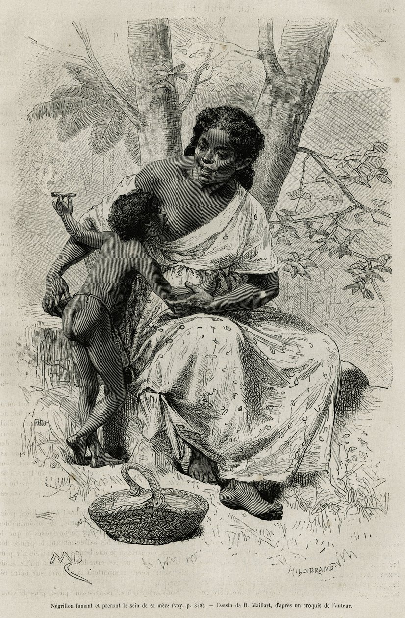 Negillon Smoking and Taking the Bosom of Her Mother in Darien (Eastern Panama) (engraving after a drawing by D. Maillart, to illustrate the story Exploration at the Isthmus of Panama and Darien by A. Reclus, 1876-1878) by French School