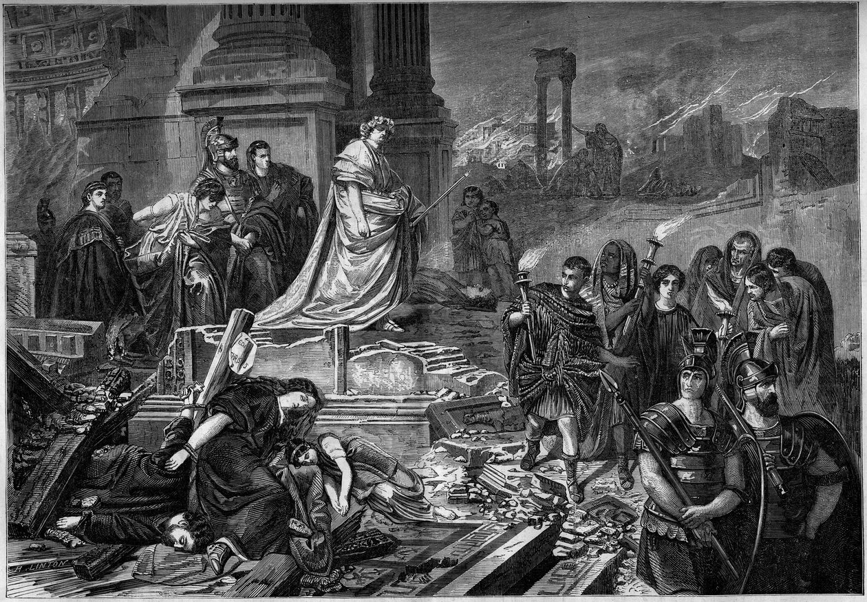 Nero After the Fire in Rome in 64. Engraving After the Painting by Karl Theodor von Piloty. In 