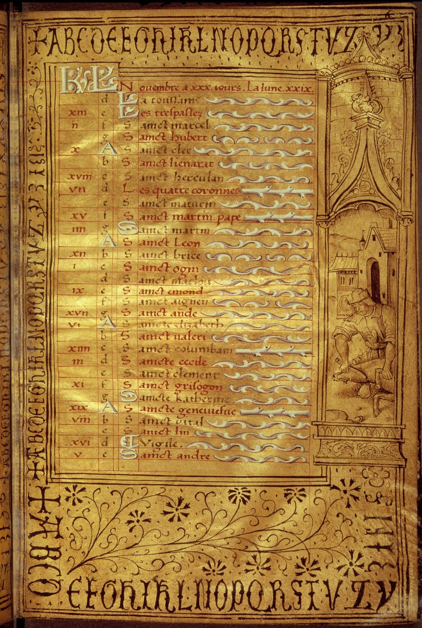 November calendar page: representation of a peasant discovering a pig. French manuscript by French School