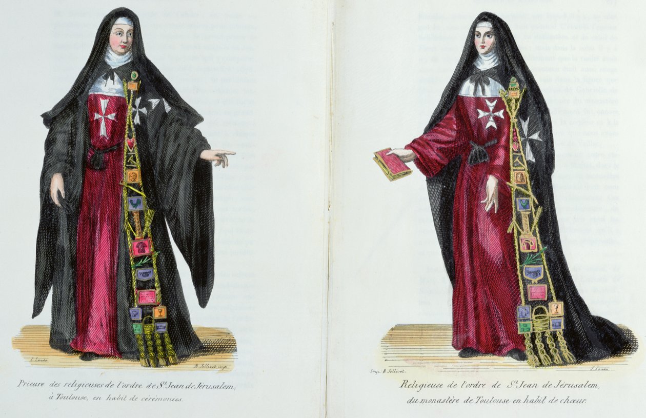 Nuns of the Order of St. John of Jerusalem, illustration from History and Costumes of Monastic Orders by Father Helyot, 1842 by French School