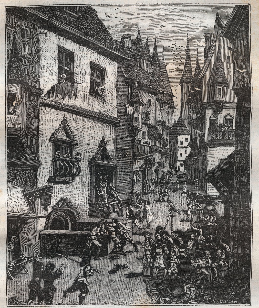 On 20 May 1636 eight counterfeiters were arrested in rue Champfleuri by two police commissioners accompanied by a dozen sergeants - in Paris a travers les siecles by Nicolas Jules Henri Gourdon de Genouillac (1826-1898). by French School