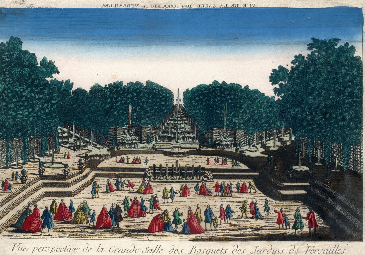 Optical View: Perspective view of the large hall of the groves of the gardens of Versailles. by French School
