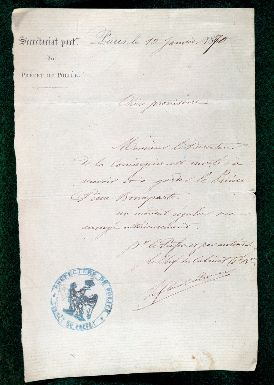 Order of incarceration to the Concierge of Prince Pierre Bonaparte (1815-1881) on January 10 by French School