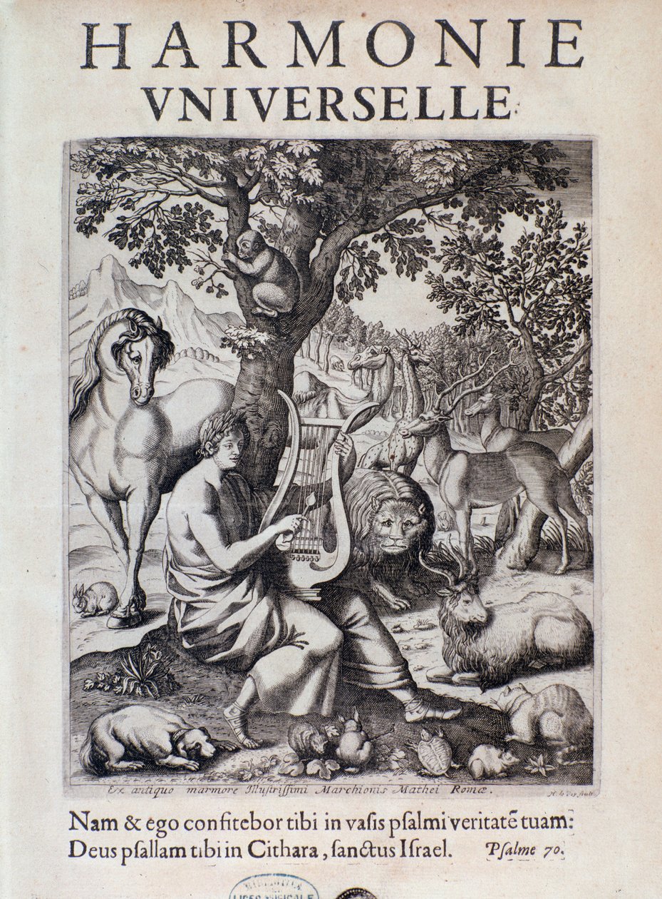 Orpheus playing for animals. Frontispiece of Harmonie universelle by Marin Mersenne by French School