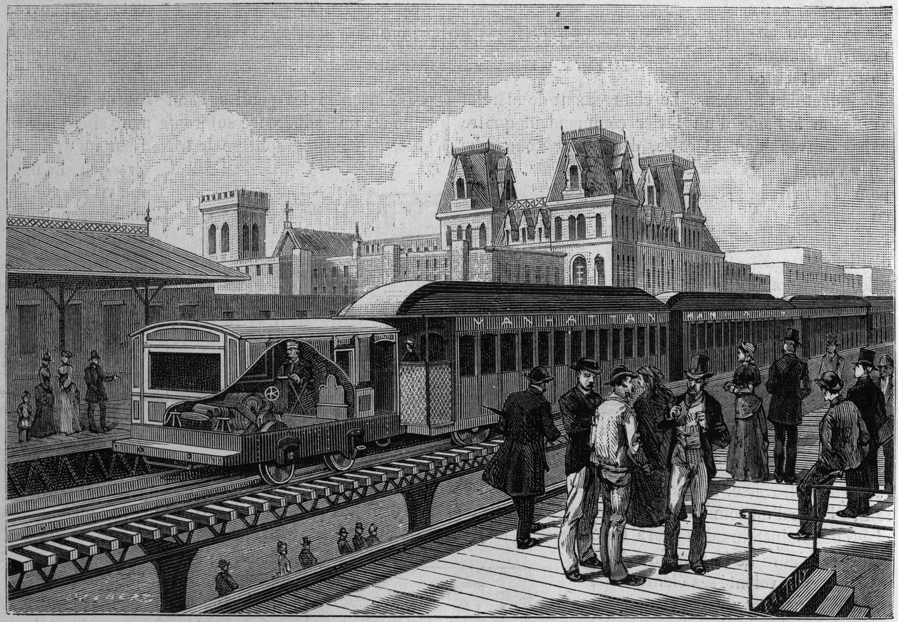Overview of the Elevated Railroad Station and Electric Train in New York, USA. Engraving in 