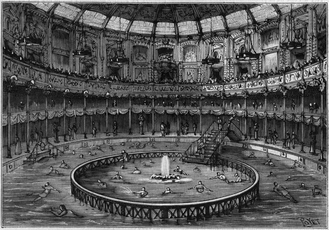 Overview of the Swimming Pool on Rue Saint Honore, in Paris. Engraving in 